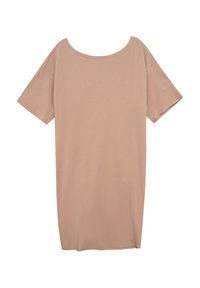 Luźna, krótko rękawowa sukienka w jasnym beżowym kolorze, wykonana z miękkiego materiału. Posiada szeroki dekolt i prosty krój. Bez wzorów i dodatkowych akcentów.