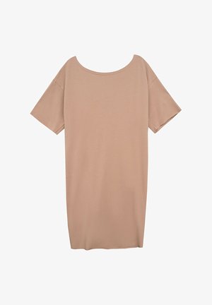 Luźna, krótko rękawowa sukienka w jasnym beżowym kolorze, wykonana z miękkiego materiału. Posiada szeroki dekolt i prosty krój. Bez wzorów i dodatkowych akcentów.