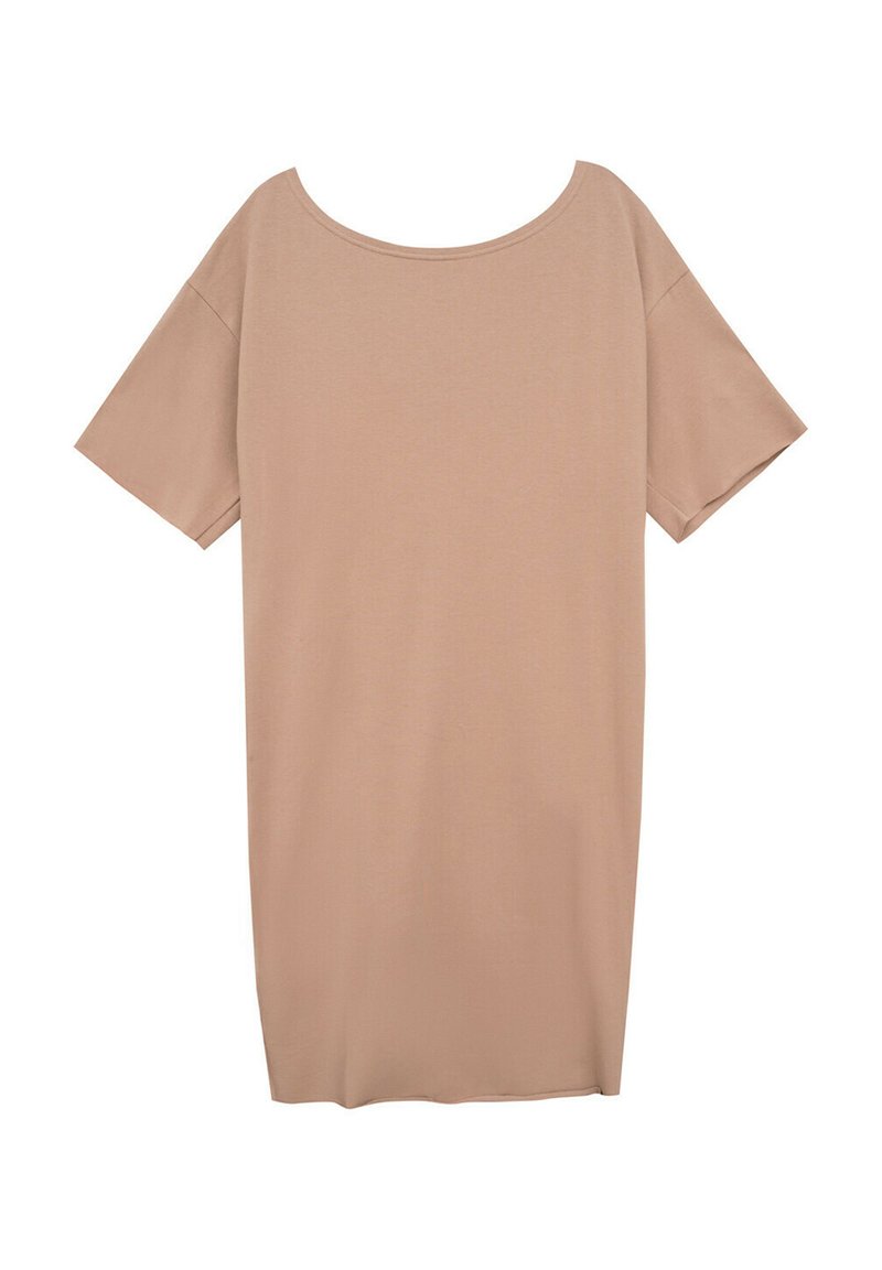 Luźna, krótko rękawowa sukienka w jasnym beżowym kolorze, wykonana z miękkiego materiału. Posiada szeroki dekolt i prosty krój. Bez wzorów i dodatkowych akcentów.