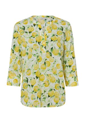 Witte blouse met lange mouwen met gele citroen- en groene bladprint, een ronde hals en een korte knoopsluiting aan de voorkant.