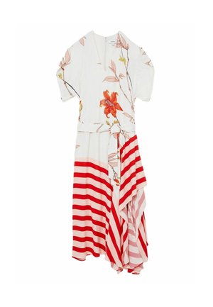 Blomsterkjole med rød og hvid stribet nederdel, korte ærmer, v-hals og bælte i taljen. Lavet af et letvægtsstof.