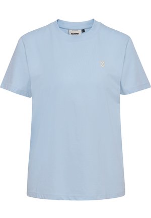 Light blue cotton t-shirt with short sleeves, crew neck, and a small white chevron logo on the left chest. Smooth texture, relaxed fit.