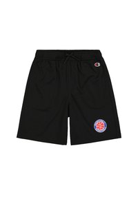 Pantalones cortos de baloncesto negros con cintura elástica y cordón ajustable. Presenta un logo circular en rojo, blanco y azul en el muslo izquierdo.