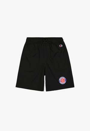 Schwarze Basketballshorts mit elastischem Bund und Kordelzug. Mit einem kreisförmigen rot-weiß-blauen Logo auf dem linken Oberschenkel.
