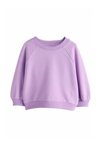 Felpa lavanda con scollo rotondo, maniche raglan, polsini e orlo a coste. Tessuto morbido e vestibilità rilassata.