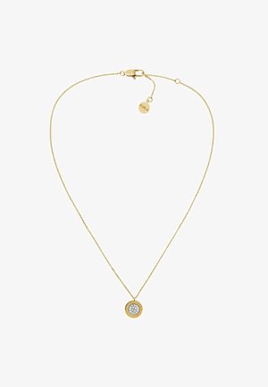 Goudkleurige ketting met een dunne ketting en een cirkelvormige hanger met een centrale schikking van heldere stenen, omringd door een gestructureerde bezel.