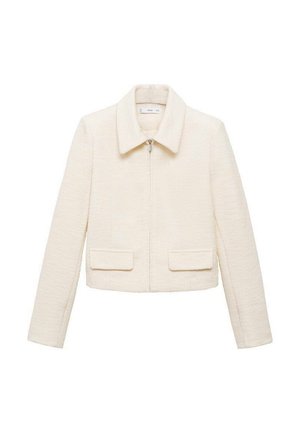Cream-colored cropped jacket with a textured fabric, a collared neckline, front zip closure, and two horizontal pockets on the front.