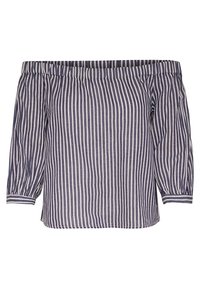 Off-the-shoulder top with navy and white vertical stripes, three-quarter sleeves, and elasticated cuffs. Lightweight fabric with a relaxed fit.