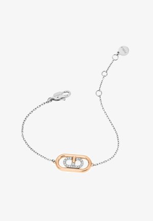 Bracciale in argento con un anello ovale in tono oro e accenti di pietre scintillanti, chiusura a moschettone. Regolabile tramite diversi anelli.