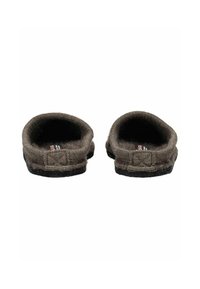 Zapatillas de lana marrones con una parte superior texturizada, interior suave y suela de goma negra. Forma redondeada, diseño de parte trasera abierta y detalles de costura sutiles.