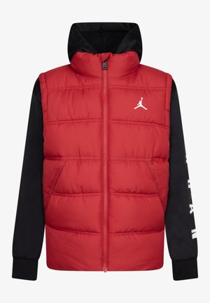 Red puffer vest with black long sleeves, zip closure, side pockets, and white logo on the chest, featuring quilted texture and hood.