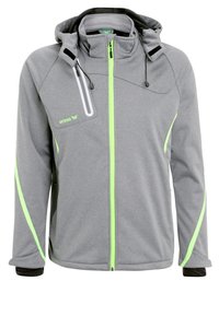 Veste en polaire grise avec capuche, dotée de zips et d'accents en néon vert, d'une poche poitrine unique et de poignets élastiques pour un ajustement confortable.
