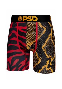 Boxeri cu talie neagră, având logo-ul "PSD". Dungi zebrate roșii și negre pe o parte, iar pe cealaltă parte, imprimeu cu șarpe galben.