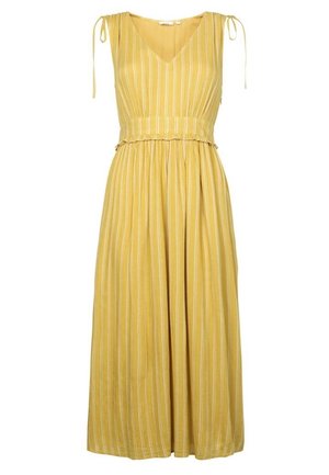Sleeveless yellow dress with white vertical stripes, V-neck, waist seam with ruffle detail, and ties on shoulder straps.