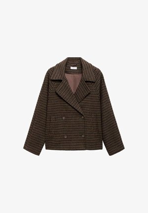 Brązowa dwurzędowa kurtka w kratę z szerokimi klapami, miękką fakturą i dwiema przednimi kieszeniami. Niezapewniająca podszewki.