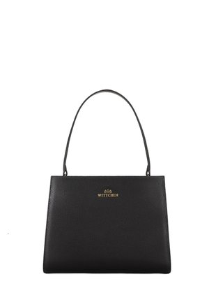 Black leather handbag with a structured shape, textured surface, and a thin shoulder strap. Features gold embossed logo on the front.