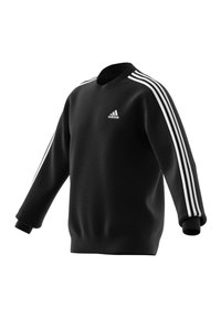 Sweatshirt preto feito de fleece com gola redonda, apresentando três riscas brancas em cada manga e um logótipo da Adidas no peito.