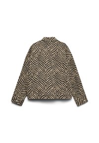 Zebra-mustriga jakk, millel on beež ja must disain, valmistatud tekstureeritud kangast, mis on varustatud krae ja nööpidega mansettidega.