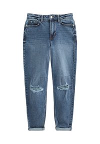 Lichtblauwe denim jeans met een relaxte pasvorm, voorzien van een hoge taille, opgerolde manchetten en versleten plekken op de knieën.