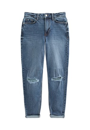 Lichtblauwe denim jeans met een relaxte pasvorm, voorzien van een hoge taille, opgerolde manchetten en versleten plekken op de knieën.