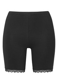 Mustat puuvillahousut, joissa on tiukka muotoilu ja pitsikoristelu helmassa koriste-elementtinä. Pehmeä rakenne kauttaaltaan.