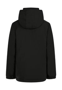 Zwarte waterdichte jas met capuchon, elastische manchetten en een koord aan de onderkant. Gladde textuur met een strak ontwerp en geen zichtbare logo's.
