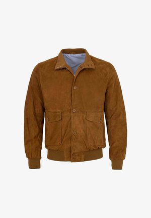 Braune Wildlederjacke mit Knopfverschluss, gerippten Bündchen und Saum. Verfügt über zwei Vordertaschen und ein gestreiftes Innenfutter. Einfaches Kragen-Design.