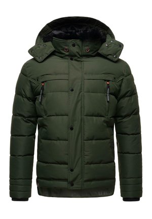 Chaqueta de invierno acolchada verde con capucha, bolsillos en el pecho con cremallera, botones de presión y puños elásticos. Presenta un material suave y resistente al agua.