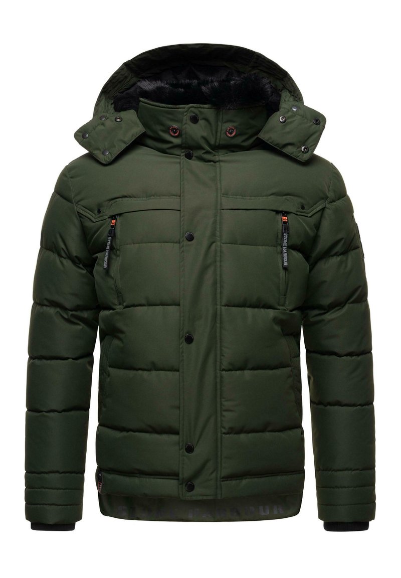 Chaqueta de invierno acolchada verde con capucha, bolsillos en el pecho con cremallera, botones de presión y puños elásticos. Presenta un material suave y resistente al agua.