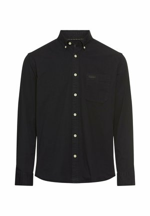 Black long-sleeve shirt made of cotton, featuring a button-up collar, front pocket, and beige buttons for contrast. Simple and tailored design.