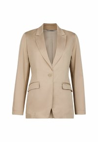 Beige kavaj med satinfinish, enknappsslutning, två framfickor och skåra på slag. Slät textur med skräddarsydd passform.