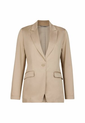 Beige blazer med satin finish, enkelt knap lukning, to frontlommer og spidse klapper. Glat tekstur med en skræddersyet pasform.