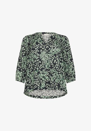 Melna blūze ar zaļu leoparda rakstu, V veida kakla izgriezumu, trīs ceturtdaļu piedurknēm un noapaļotu apakšmalu. Izgatavota no viegla materiāla.