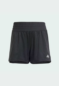 Pantalones cortos deportivos negros con una textura suave y lisa, cintura elástica y un discreto detalle de logo en el dobladillo inferior izquierdo.