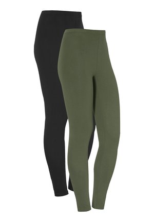 Twee paren leggings: één in effen zwart en een ander in effen olijfgroen. Beide zijn gemaakt van een gladde, rekbare stof met een hoge tailleband.