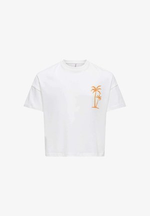 T-shirt blanc à manches courtes avec col rond et petit motif de palmier orange sur la poitrine gauche.