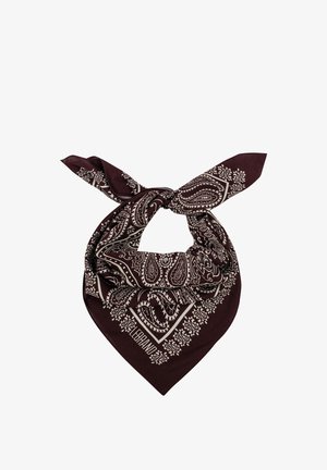 Ciemnobrązowa bandana z białymi, misternymi wzorami paisley i kwiatowymi, złożona i zawiązana na luźny supeł.