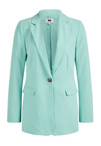 Tyrkysový blejzr s klopovými límečky, zapínáním na jeden knoflík a dvěma předními kapsami. Vyrobený z hladké tkaniny, s přizpůsobeným designem.