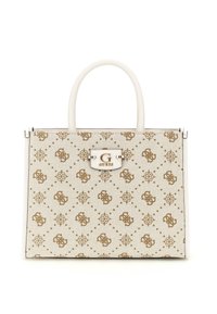White handbag with gold patterned design, dual white handles, and a gold logo clasp. Features structured shape and textured material.