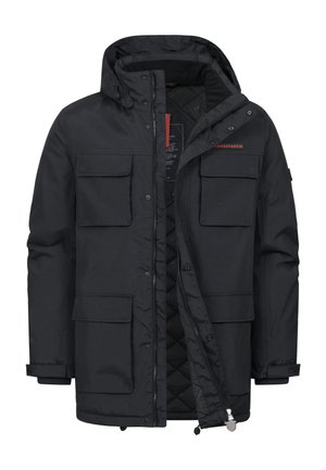 Svart jacka med huva, dragkedjestängning och flera framfickor. Texturerad inredning och märkestagg synlig.