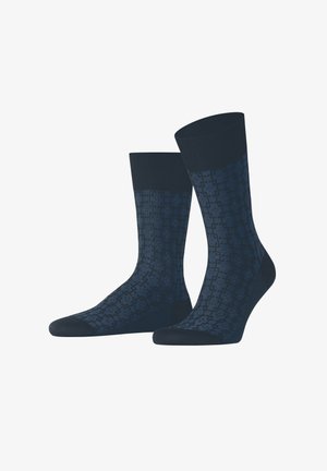 Navy blue socks with a geometric pattern, ribbed cuffs, and reinforced heel and toe for durability. Made from a soft, textured fabric.