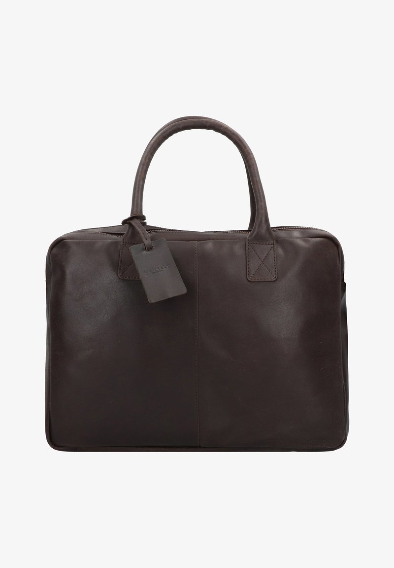 Donkerbruine leren laptoptas met een gladde textuur, rechthoekige vorm, dubbele handvaten en een verwijderbaar bagagelabel. Ritssluiting aan de bovenkant.