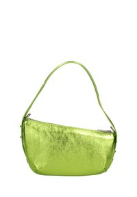 Borsa a tracolla verde metallizzato con forma curvata, una singola tracolla e chiusura con zip. Texture liscia con finitura riflettente. Accenti decorativi laterali.