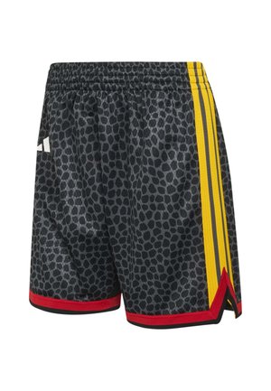 Schwarze Sportshorts mit grau getupftem Muster, gelben Seitenstreifen, roter Einfassung am Saum und einem weißen Logo auf der linken Seite.