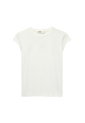 Prosty biały bawełniany T-shirt z krótkim rękawem i okrągłym dekoltem, pokazany rozłożony na białym tle.
