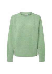 Maglione verde lavorato a maglia con scollatura arrotondata, maniche lunghe e orlo a coste. Texture morbida, vestibilità leggermente oversize e design delle spalle senza cuciture.