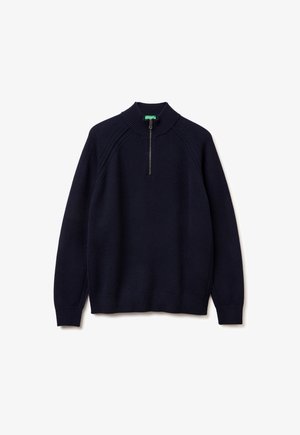 Pull marin avec un col montant et une fermeture éclair quart. Présente des poignets et un ourlet côtelés, fabriqué en matériau tricot doux avec des manches raglan.