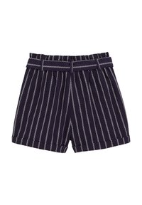 Tumši zili šorti ar baltām vertikālām svītrām, ar savilktu elastīgu jostu un auduma jostu ar cilpām. Tekstūrēta kokvilnas materiāls.