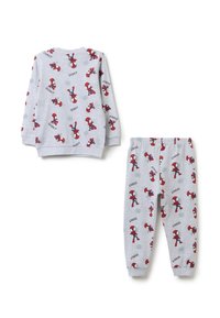 Ensemble pour enfants comprenant un haut à manches longues gris et un pantalon avec des imprimés rouges et bleus du personnage Spider-Man et du texte "Spidey" partout.