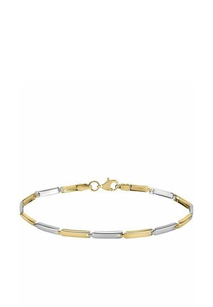 Silber- und Goldmetallarmband mit abwechselnd rechteckigen Gliedern in glänzender Ausführung, gesichert mit einem Karabinerverschluss.